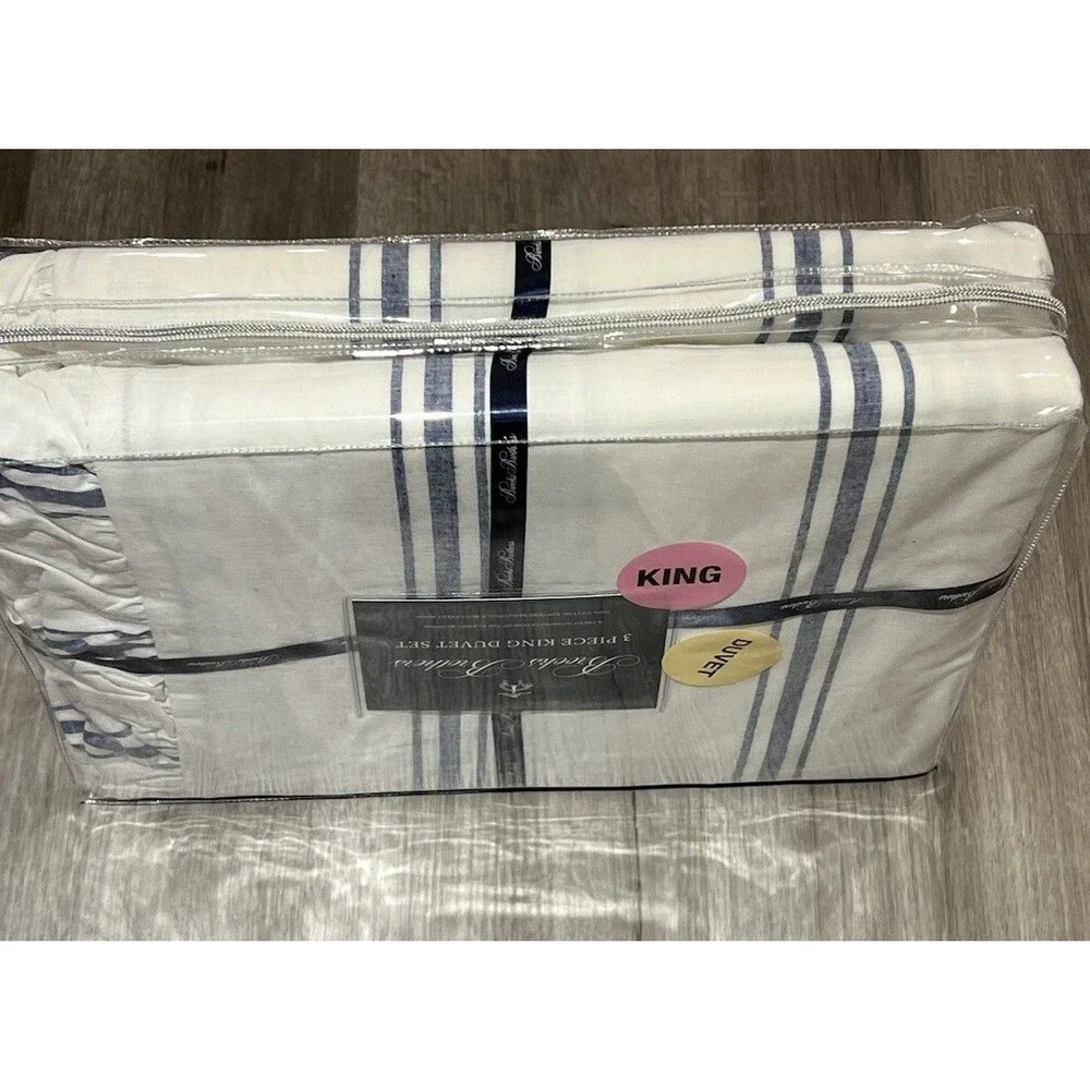 Brooks Brothers White Blue Striped Cotton Ruffled 3 Pc King Duvet Set New